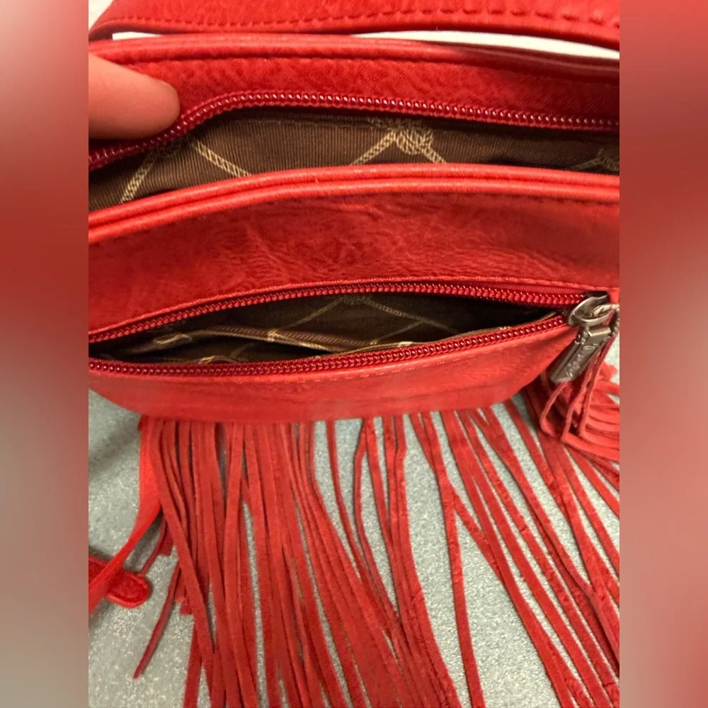 Wrangler Leather Fringe Denim Red Crossbody Bag - Picture 8 of 15
